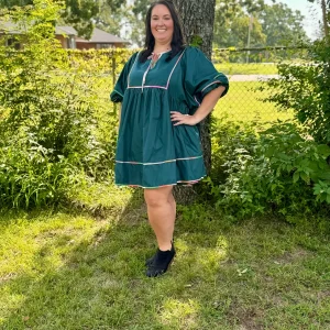 Solid Half Sleeve V Neck Mini Dress w/ Side Pockets & ColorBlock Trim