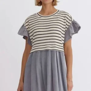 Stripe Flutter Sleeve Twofer Denim Mini Dress w/ Pleated Skirt & Pockets