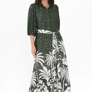 Alivia Khaki Tropical Shirt Dress