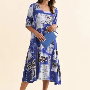 Hailee Blue Mosaic Linen Cotton Dress