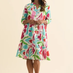 Larissa White Flower Cotton Pleated Dress