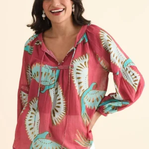 Lorrini Red Bird Cotton Tassel Top