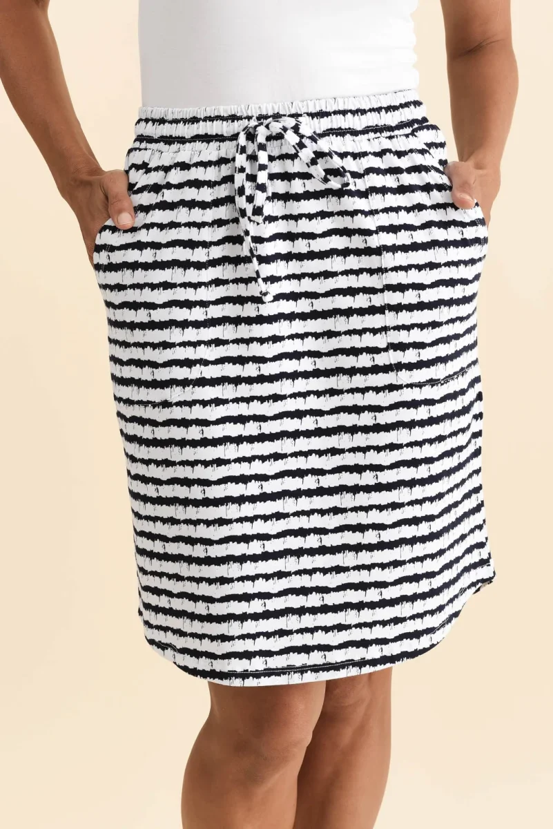 Navy Abstract Stripe Cotton Drawstring Skirt - Image 6