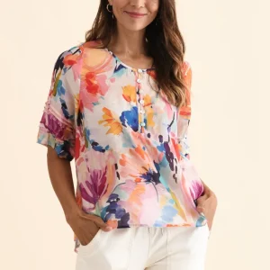 Paden Orange Floral Button Top