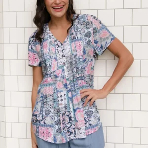 Isobel Blue Mosaic Button Top