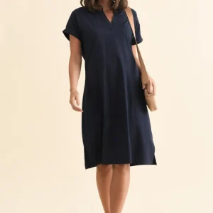 Sommer Navy Cotton Blend V Neck Dress