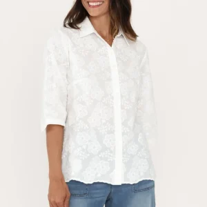 Thea White Flower Embroidered Cotton Shirt