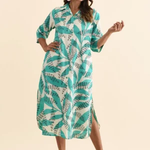 Tricia Teal Fern Cotton Shirt Dress